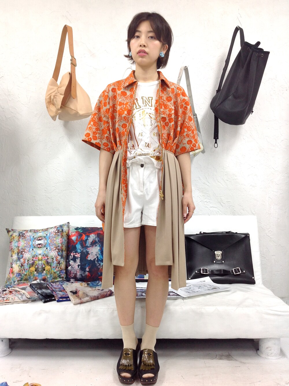 「used、used mix、shokurashina、PALETTE art alive、 minus」｜「SHO KURASHINA H/S FLOCK P PLEATS COAT（つなぎ/オールインワン、ベージュ系）」を使った、ringoさん（レディース・160cm）の夏コーディネートの1枚目の写真