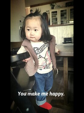 「アイテム（ダウンベスト、ブラウン系）」を使った、noacoさん（キッズ・80cm）の春コーディネート