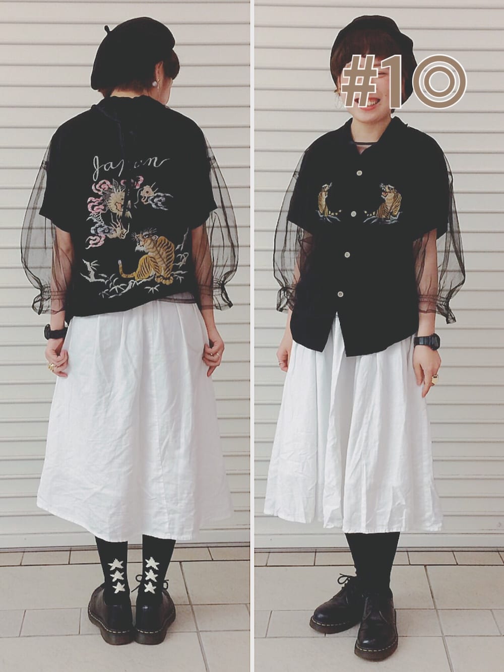 「rock、テーラー東洋、factotum、BEAMS、BEAMS BOY、Ray BEAMS、Dr.Martens、モノトーン、刺繍シャツ、甘辛mix」｜「BEAMS BOYのTAILOR TOYO×BEAMS BOY / スカ刺繍 レーヨンショートスリーブ☆（シャツ/ブラウス、ブラック系）」を使った、ayaさん（レディース・153cm）の夏コーディネートの1枚目の写真