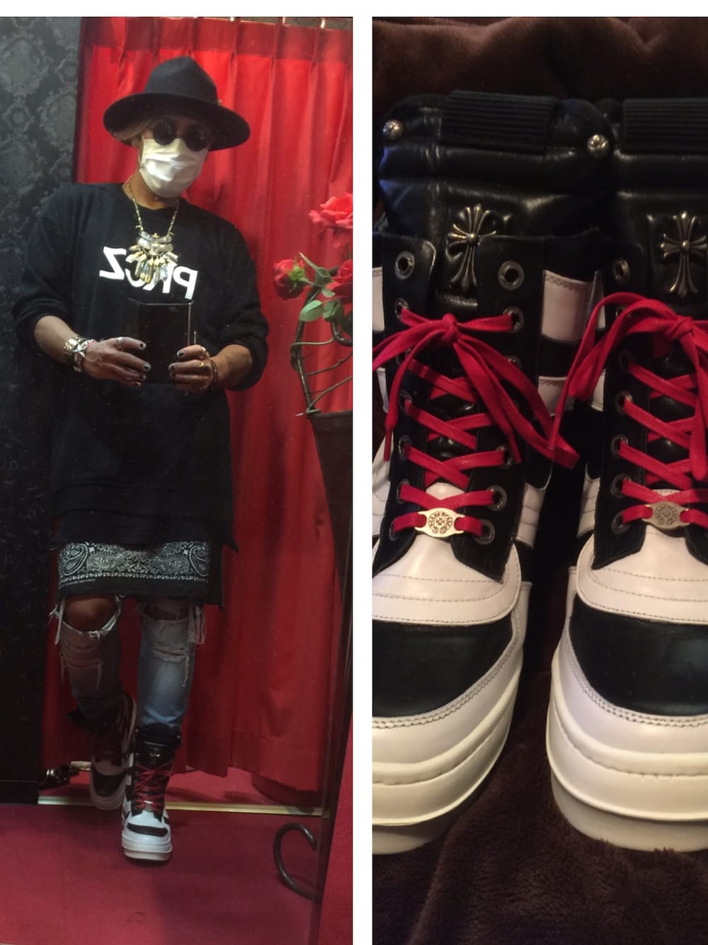 「クラッシュデニム、デニム、バンダナ、ハット、巻きスカート、goro's、3jsb、登坂広臣、レイヤードスタイル」｜「Rick Owensのアイテム（スニーカー、ブラック系）」を使った、JULIANさん（メンズ・180cm）の春コーディネートの1枚目の写真