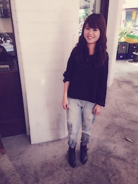 「LOWRYS FARM（ローリーズファーム）のアイテム（ニット/セーター、ブラック系）」を使った、Jessicaさん（レディース・153cm）の夏コーディネート