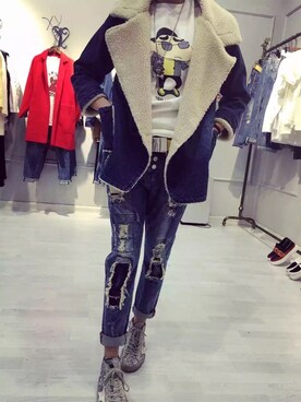 「qiaoyuanのアイテム（デニムジャケット、ブルー系）」を使った、媛可さん（キッズ）の冬コーディネート