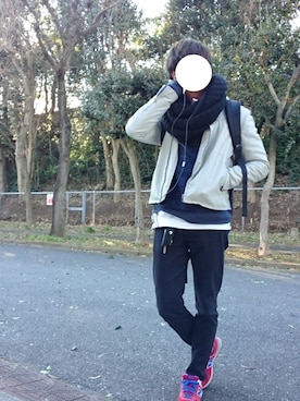 「BANANA REPUBLIC」｜「アイテム（ライダースジャケット）」を使った、まっしゅとみー。さん（メンズ・168cm）の冬コーディネート