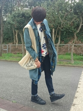 「アイテム（ステンカラーコート）」を使った、まっしゅとみー。さん（メンズ・168cm・10代）の春コーディネート