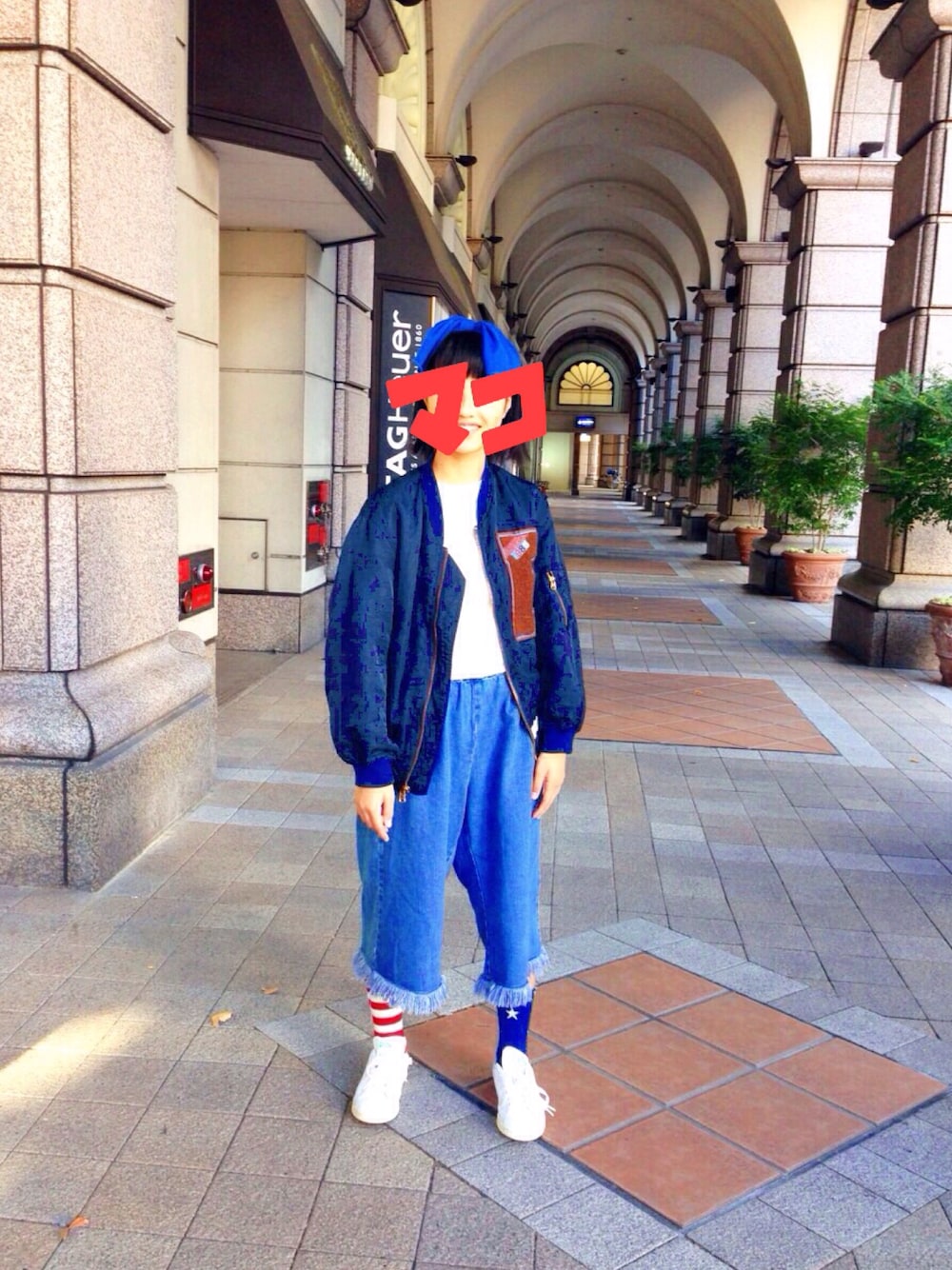 「神戸、ブルー、used、ブルーコーデ、ブルゾン、Bshop、WEGO、american、stan smith」｜「usedのアイテム（ブルゾン、ブルー系）」を使った、マコさん（レディース・155cm）の秋コーディネートの1枚目の写真