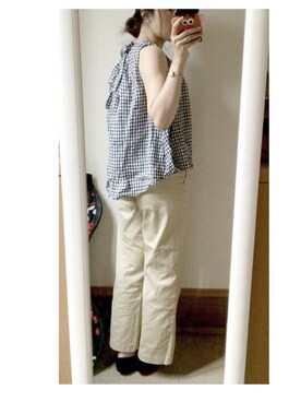 「FRAMeWORK（フレームワーク）の≪予約≫フレンチリネン ノースリーブブラウス◆（シャツ/ブラウス、ホワイト系）」を使った、くらげさん（レディース・161cm）の夏コーディネート