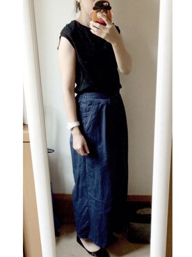 「GU（ジーユー）のアイテム（トップス、ブラック系）」を使った、くらげさん（レディース・161cm）の夏コーディネート