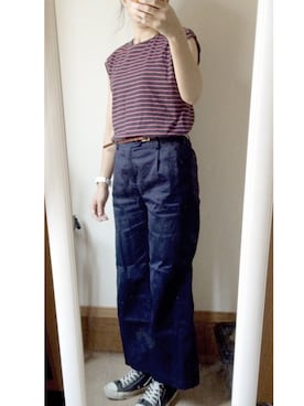 「GU（ジーユー）のアイテム（その他パンツ、ブルー系）」を使った、くらげさん（レディース・161cm）の夏コーディネート
