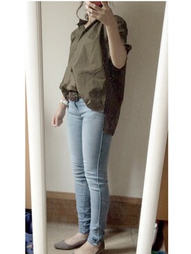 「URBAN RESEARCH DOORS WOMENS（アーバンリサーチ ドアーズ ウィメンズ）のDOORS 後タックスキッパーチュニックシャツ（シャツ/ブラウス、グリーン系）」を使った、くらげさん（レディース・161cm）の秋コーディネート