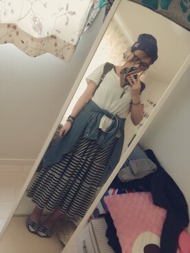 「H&M（エイチ・アンド・エム）のアイテム（Tシャツ/カットソー、ホワイト系）」を使った、みゆうさん（レディース・158cm）の夏コーディネート