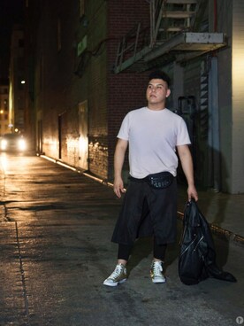 「アイテム（スカート、ブラック系）」を使った、Marcos Moralesさん（メンズ・178cm）の夏コーディネート