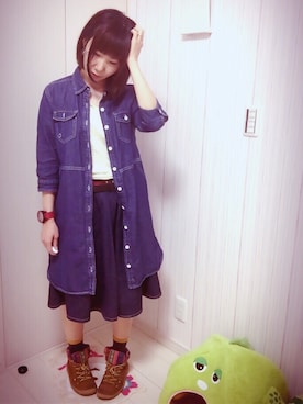「デニムシャツワンピース」｜「アイテム（その他）」を使った、えさん（レディース・158cm）の夏コーディネート