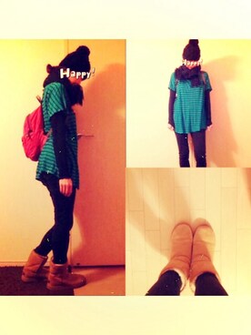 「BLUE BLUE（ブルーブルー）のアイテム（ニットキャップ/ビーニー）」を使った、makikoさん（レディース・168cm）の冬コーディネート