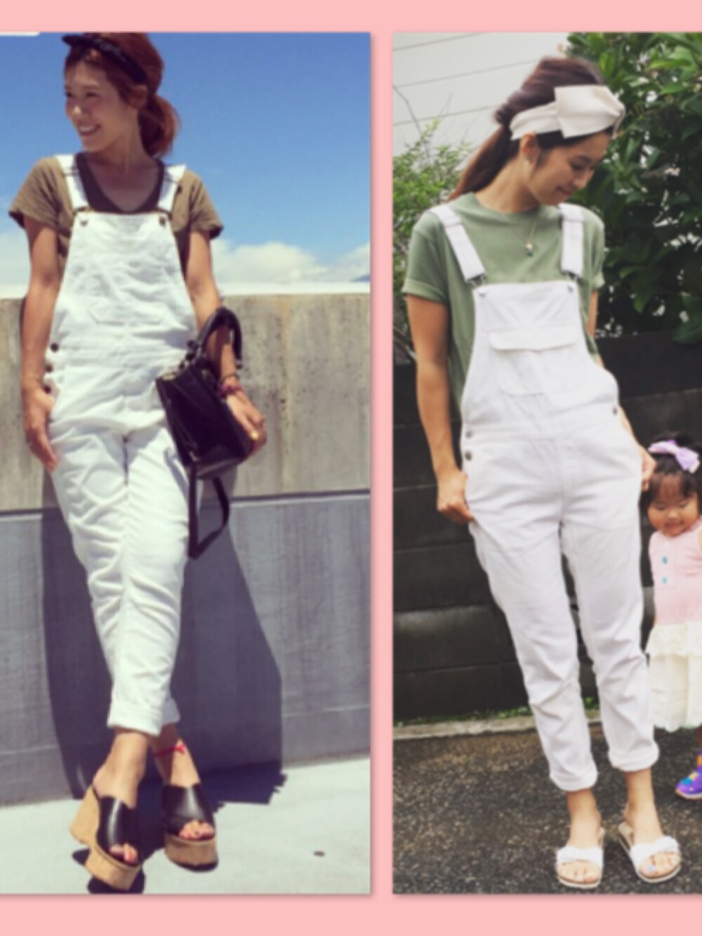 「ふたごコーデ、ホワイト、サロペット、カーキ、ヘアバンド、夏、ハグマグ」｜「GUのアイテム（サロペット/オーバーオール、ホワイト系）」を使った、あみぃ さん（レディース・163cm）の夏コーディネートの1枚目の写真