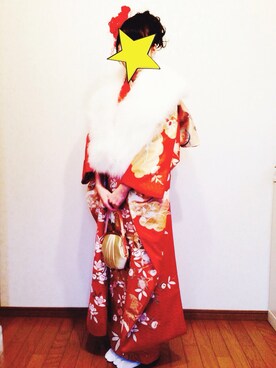 「アイテム（水着/着物・浴衣、レッド系）」を使った、miiiiさん（レディース・161cm）の冬コーディネート