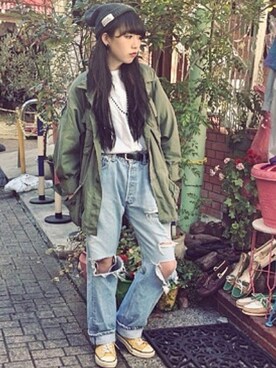 「patagonia」｜「アイテム（ミリタリージャケット）」を使った、みあさん（レディース・163cm）の冬コーディネート