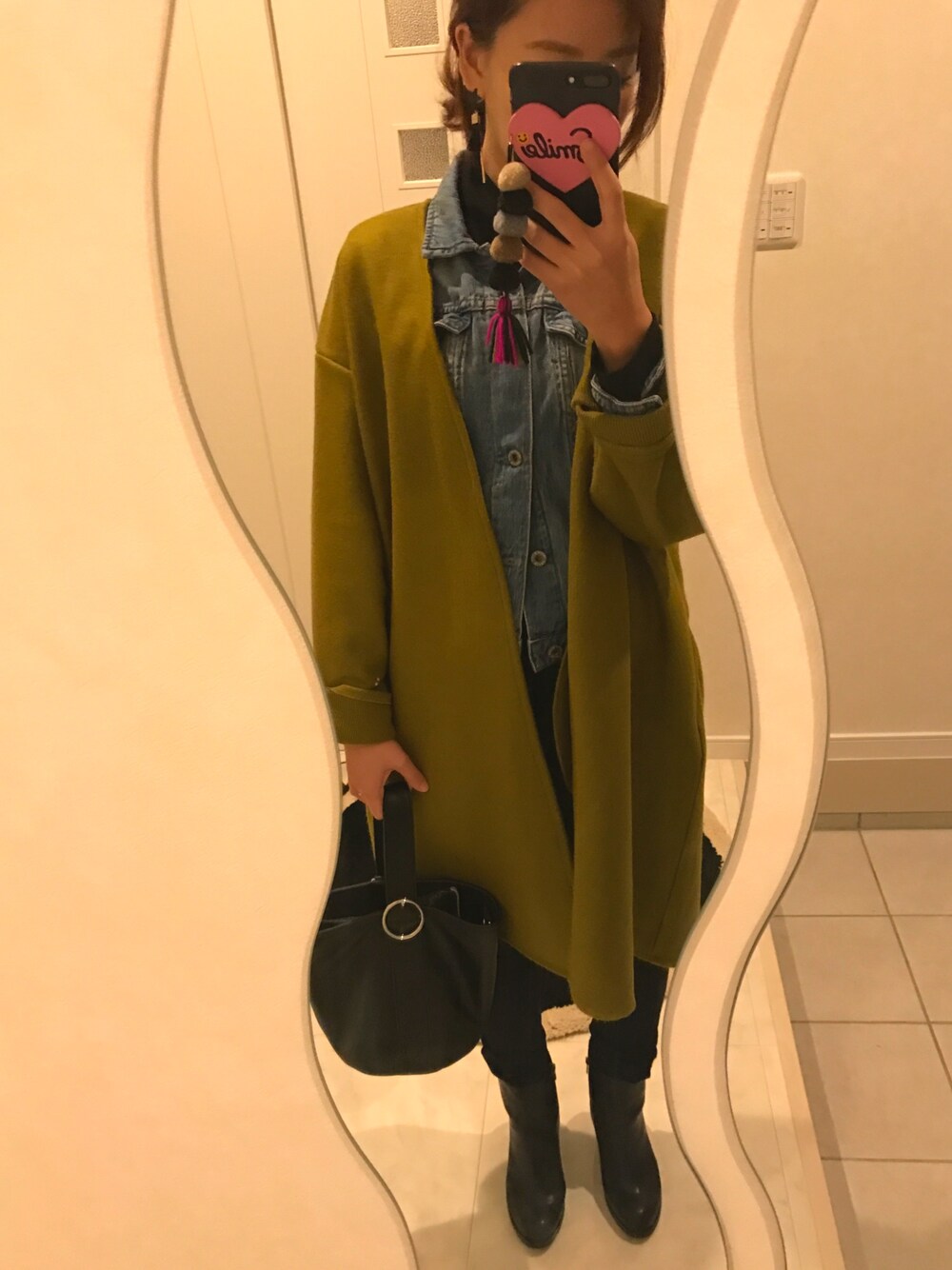 「ディーホリック、マウジー、moussy、dholic、ユニクロ、UNIQLO、GU、Gジャン、デニム、冬」｜「DHOLICのアイテム（ノーカラージャケット、グリーン系）」を使った、 T7ekoさん（レディース・156cm）の秋コーディネートの1枚目の写真