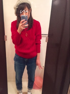 「GU（ジーユー）のアイテム（ニット/セーター、レッド系）」を使った、ゆうさんの秋コーディネート