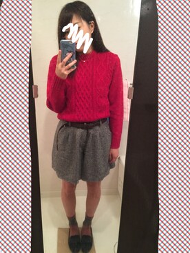 「GU（ジーユー）のアイテム（ニット/セーター、レッド系）」を使った、ゆうさんの秋コーディネート