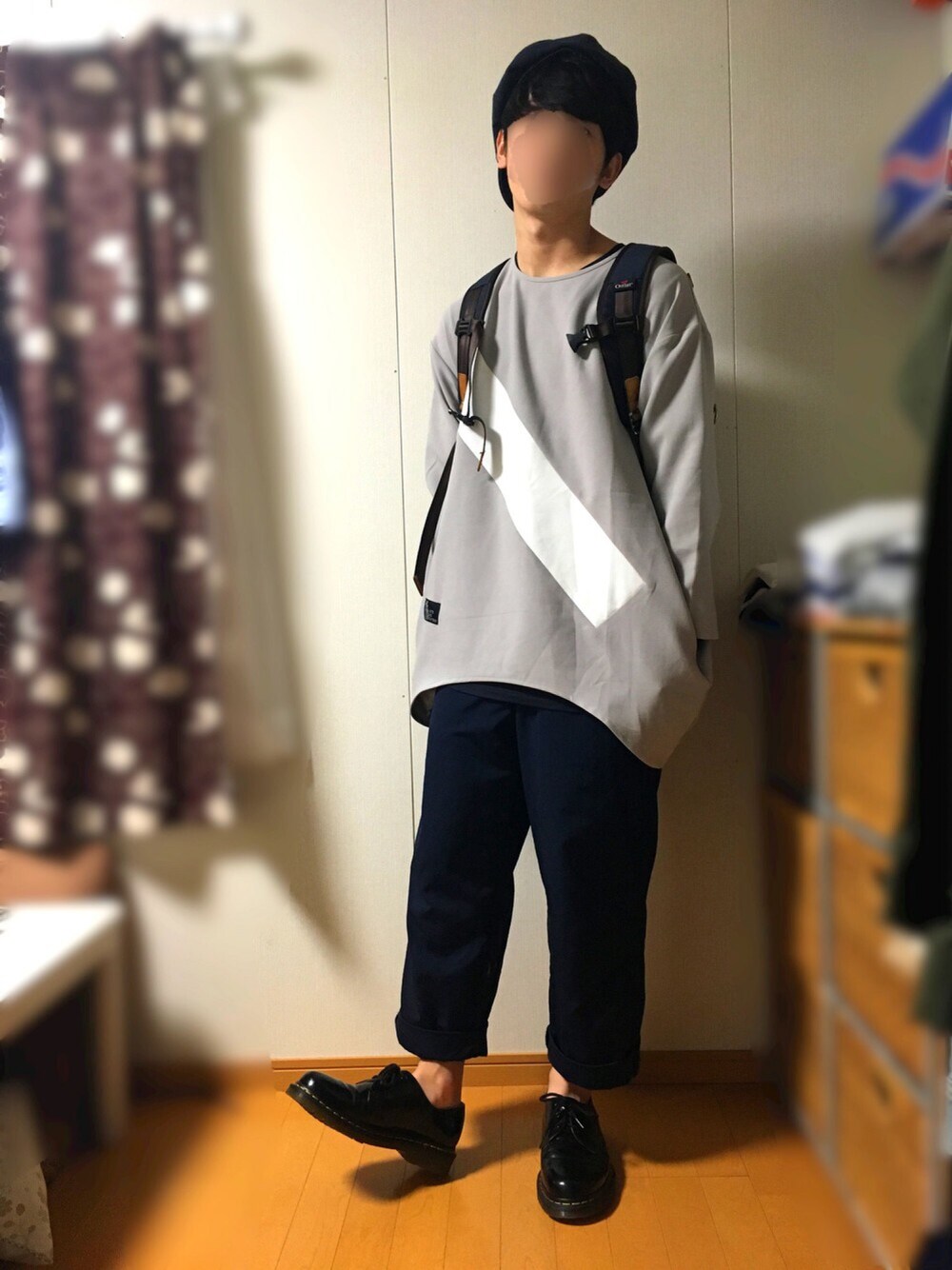 「スキニー、ラフ、きれいめカジュアル、street、ootd、ミリタリー、ワイドパンツ、Dr.Martens、秋のコーデ、冬」｜「CA4LAのGROOVY（キャスケット、ブラック系）」を使った、はらぺこ たける。さん（メンズ・168cm）の秋コーディネートの1枚目の写真