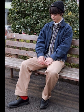 「SON OF THE CHEESE（サノバチーズ）のアイテム（帽子）」を使った、Reiさん（メンズ・174cm）の冬コーディネート