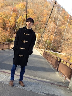 「ニットキャップ」｜「アイテム（ダッフルコート）」を使った、Akihitoさん（メンズ・183cm）の秋コーディネート