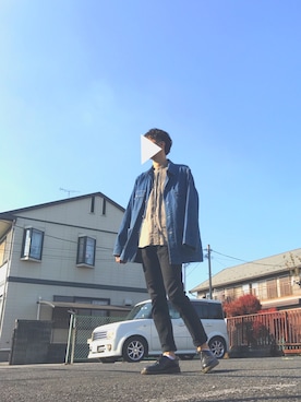 「ノーカラーシャツ」｜「アイテム（デニムジャケット）」を使った、Akihitoさん（メンズ・183cm）の秋コーディネート