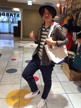 「grn（ジーアールエヌ）のアイテム（パンツ）」を使った、grnさん（メンズ・170cm）の春コーディネート