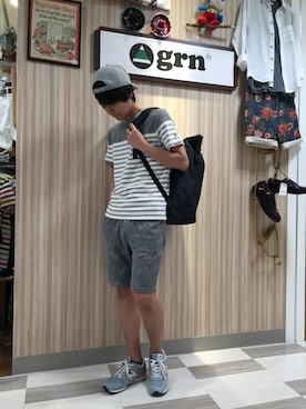 「grn（ジーアールエヌ）のアイテム」を使った、grnさん（メンズ・178cm）の夏コーディネート