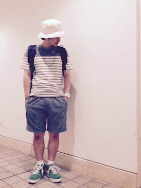 「grn（ジーアールエヌ）のアイテム（パンツ）」を使った、grnさん（メンズ・170cm）の夏コーディネート