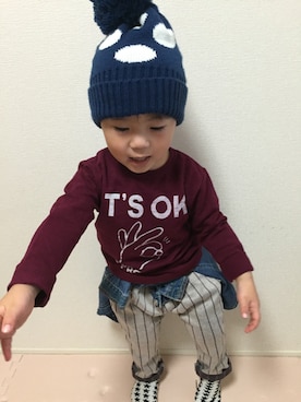 「AZUL by moussy（アズールバイマウジー）のアイテム（ニットキャップ/ビーニー）」を使った、sou...iさん（キッズ・90cm）の冬コーディネート