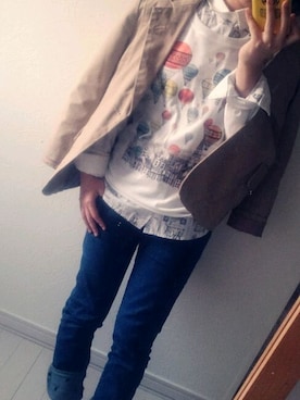 「Bananaのアイテム（Tシャツ/カットソー、ホワイト系）」を使った、sakulaさん（レディース・146cm）の春コーディネート