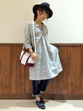 「アイテム（ボストンバッグ、レッド系）」を使った、MANOさん（レディース・156cm）の秋コーディネート