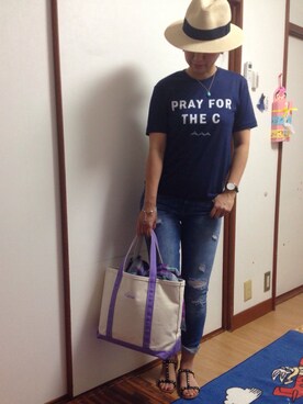 「GU（ジーユー）のアイテム（Tシャツ/カットソー、ブルー系）」を使った、sat(*☻-☻*)さん（レディース）の夏コーディネート