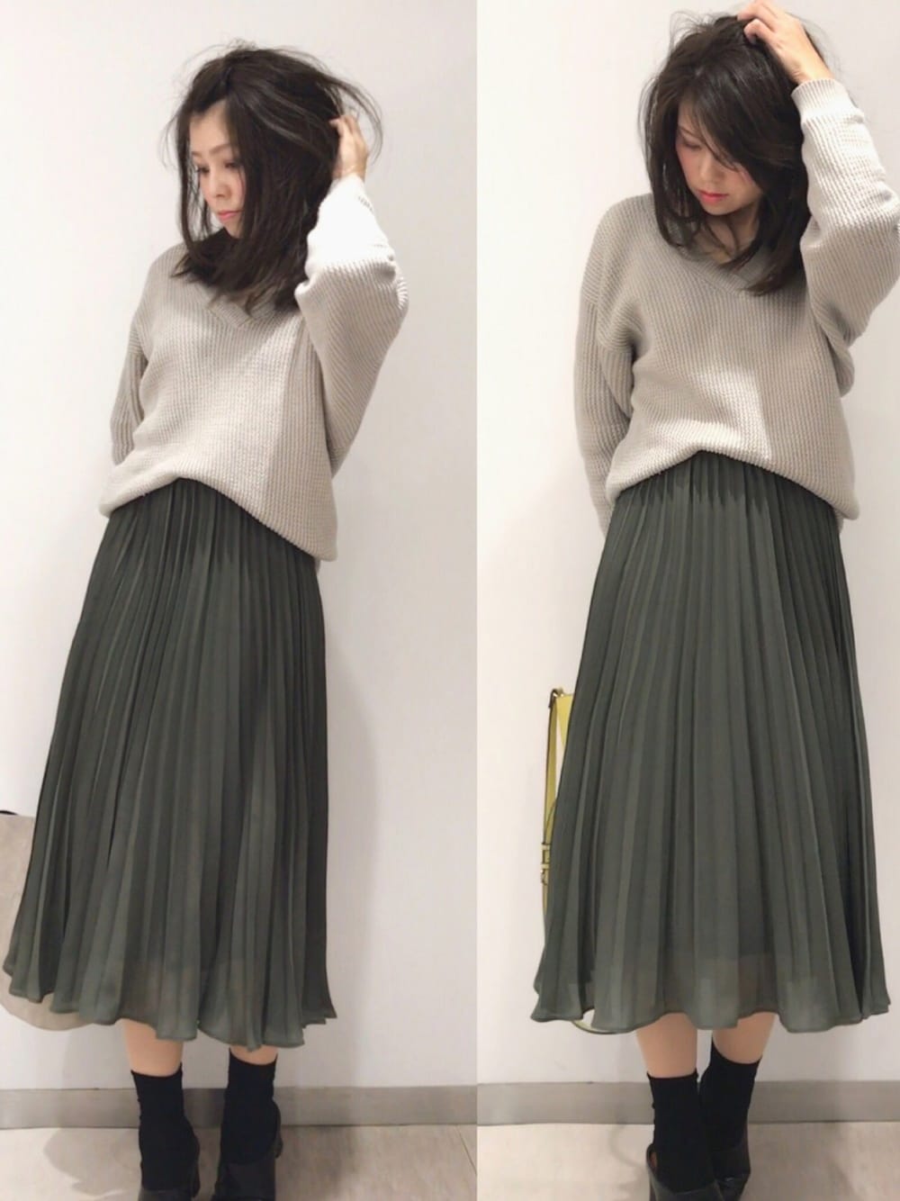 「オトナカジュアル、オトナ女子、通勤コーデ、プリーツスカート、UNIQLO、オーバーサイズ、Vネック、ミディアムヘア、ママコーデ、アースカラー」｜「UNIQLOのアイテム（ニット/セーター、グレー系）」を使った、Sayaka͛♡꒰･･ﾐ ͛꒱さん（レディース・156cm）の冬コーディネートの1枚目の写真