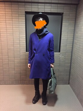 「White Mountaineering」｜「アイテム（チェスターコート）」を使った、hiiiさん（メンズ・173cm）の冬コーディネート