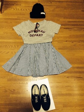 「GU（ジーユー）のアイテム（ニットキャップ/ビーニー、ブラック系）」を使った、yokoさん（レディース・151cm）の夏コーディネート