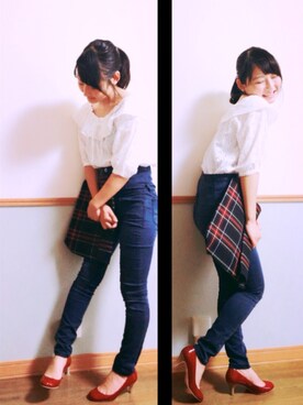 「GU（ジーユー）のアイテム（シャツ/ブラウス、ホワイト系）」を使った、yokoさん（レディース・151cm）の秋コーディネート