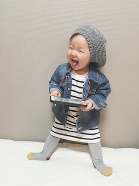 「赤ちゃん」｜「アイテム（デニムジャケット）」を使った、kanon&riiさん（キッズ・70cm）の秋コーディネート