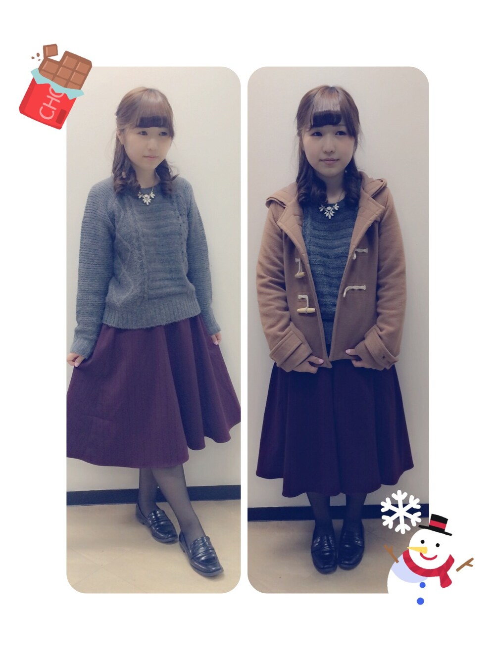 「earth music&ecology、ダッフルコート、ローファー、ミモレ丈スカート、Arnold Palmer、キャメルアウター」｜「earth music&ecologyのランダムケーブルニットプルオーバー（ニット/セーター、グレー系）」を使った、まいまいさん（レディース・153cm）の冬コーディネートの1枚目の写真