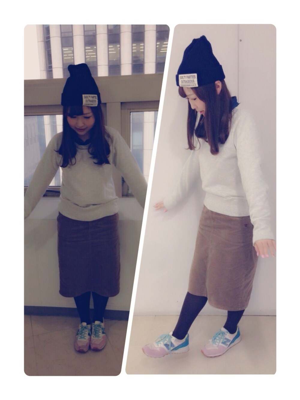 「earth music&ecology、New Balance、タイトスカート、コーデュロイ、学校」｜「earth music&ecologyの★宮崎あおいさんCM着用★イージーケアデニムシャツ（シャツ/ブラウス、ブルー系）」を使った、まいまいさん（レディース・153cm）の冬コーディネートの1枚目の写真