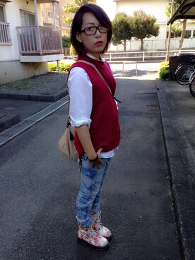 「アイテム（ベスト、レッド系）」を使った、yukina.さん（レディース・154cm）の秋コーディネート