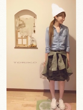 「H&M（エイチ・アンド・エム）のアイテム（ミリタリージャケット）」を使った、にくの とりこさん（レディース・153cm）の春コーディネート