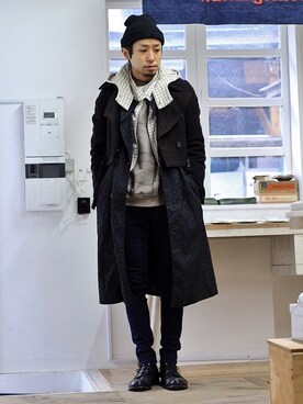「Ann DEMEULEMEESTER（アンドゥムルメステール）のアイテム（ライダースジャケット）」を使った、ビックボさん（メンズ・168cm）の冬コーディネート