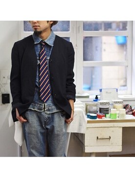 「仙台」｜「アイテム（デニムジャケット）」を使った、ビックボさん（メンズ・168cm）の冬コーディネート