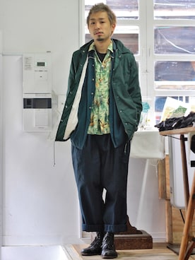 「アイテム（ナイロンジャケット、グリーン系）」を使った、ビックボさん（メンズ・168cm）の夏コーディネート