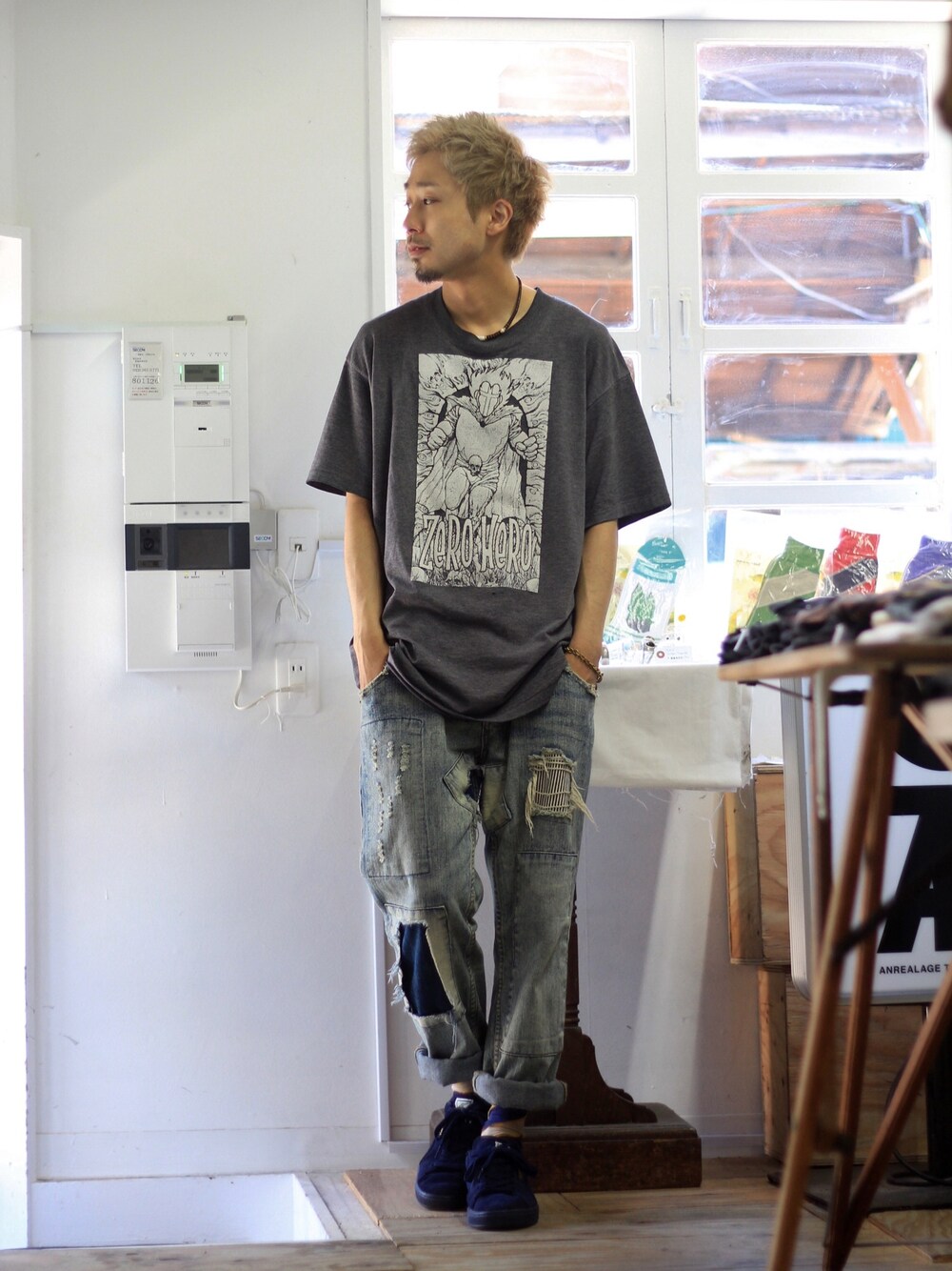 「古着、古着MIX、ゆるコーデ、夏コーデ、ロールアップ、サマースタイル、ZORLAC、スニーカー、vintage」｜「ZORLACのアイテム（Tシャツ/カットソー、グレー系）」を使った、ビックボさん（メンズ・168cm）の夏コーディネートの1枚目の写真