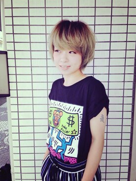 「WEGO キースへリングのアイテム（Tシャツ/カットソー、ブラック系）」を使った、お松さん（レディース・153cm）の春コーディネート