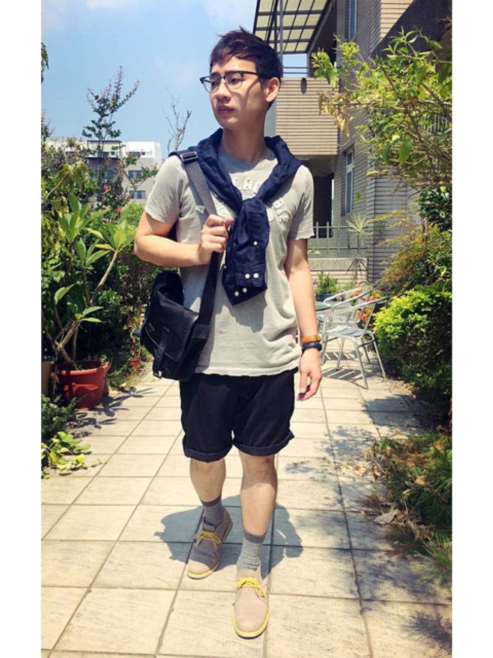 「casual、Tシャツ、Timberland、men、PRADA、MUJI、summer」｜「A&Fのアイテム（Tシャツ/カットソー、グレー系）」を使った、timerさん（メンズ・170cm）の秋コーディネートの1枚目の写真