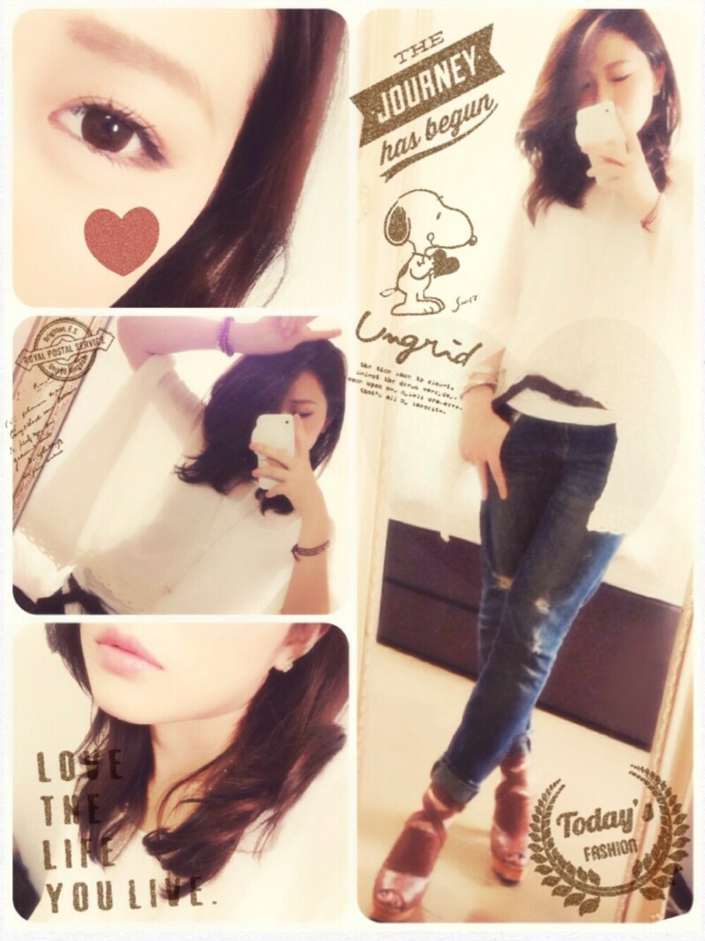 ホワイト系のその他トップス、ブラウン系のその他シューズ、ブラウン系のブレスレットを着用したレディースの夏コーディネートの1枚目の写真